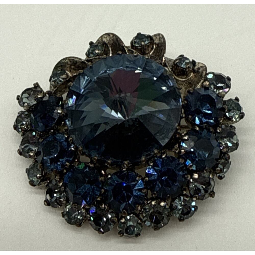 Vintage Austria Blue Crystal Rhinestone Brooch 1.25” Signed Has Patina
